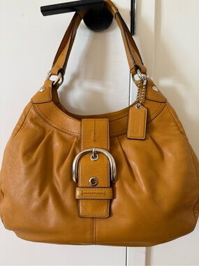 Coach SoHo Lynn Hobo Mustard Yellow Leather Shoulder Bag with Silver Hardware